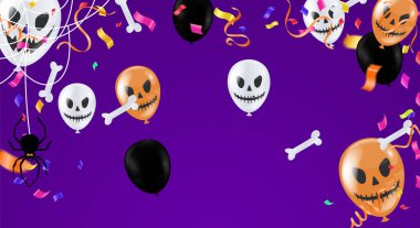 Mutlu Cadılar Bayramı afişleri parti balonları, hayaletler, yarasalar, parti davetiyesi vektör illüstrasyonu