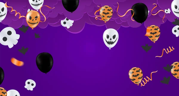 Feliz Halloween Banner Truco Fiesta Globos Fantasma Murciélagos Fiesta Invitación — Vector de stock