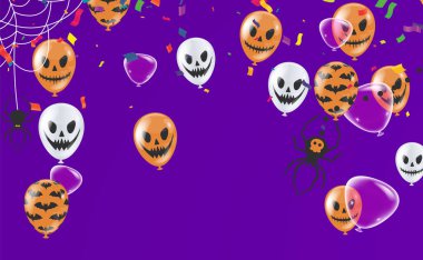 Mutlu Cadılar Bayramı afişleri parti balonları, hayaletler, yarasalar, parti davetiyesi vektör illüstrasyonu