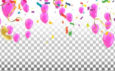 Renkli balonlar. Üçgen parti bayrakları, konfeti ve kağıt şeritler. Mesajınız için yer. Tasarım