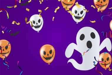 Mutlu Cadılar Bayramı afişleri parti balonları, hayaletler, yarasalar, parti davetiyesi vektör illüstrasyonu