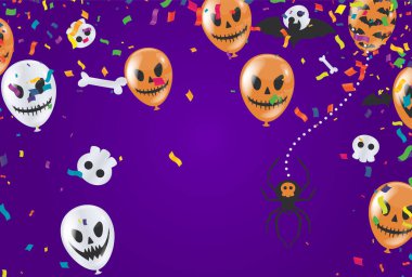 Bayram Cadılar Bayramı. Gece gökyüzü arka planında. Parti balonları mezarlığı. Vektör illüstrasyonu