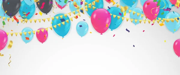 Färgglada Ballonger Blå Rosa Med Triangulära Partyflaggor Konfetti Och Pappersremsor — Stock vektor