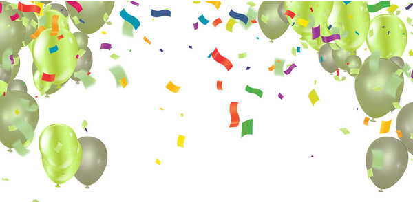 Colorful balloons green with triangular party flags, confetti and paper streamers Place for your text. Design