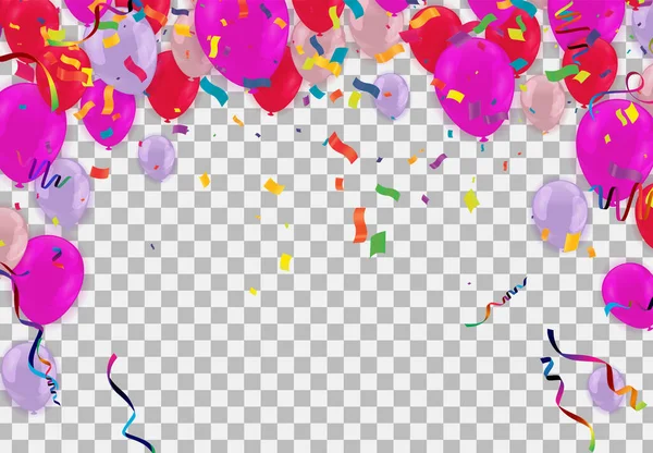 Renkli Balonlar Pembe Kırmızı Üçgen Parti Bayrakları Konfeti Kağıt Şeritler — Stok Vektör