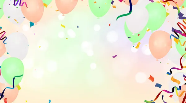 Kleurrijke Ballonnen Lichtgroen Lichtroze Met Driehoekige Partyvlaggen Confetti Papieren Slingers — Stockvector