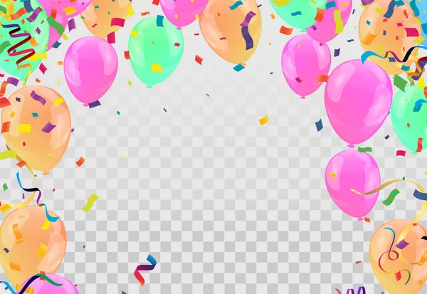 Kleurrijke Ballonnen Roze Oranje Met Driehoekige Partyvlaggen Confetti Papieren Slingers — Stockvector