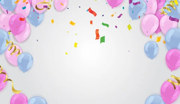 Ballons Colorés Rose Bleu Avec Des Drapeaux Fête Triangulaires Confettis — Image vectorielle