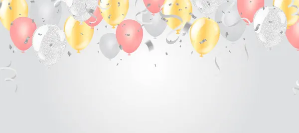 Vector Design Goldene Luftballons Mit Konfetti Bänder Auf Hellem Hintergrund — Stockvektor