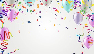 Beyaz balonlar, bayraklar ve konfetilerle dolu parlak bir tatil geçmişi. Mesaj için yer. Raster sürümü.