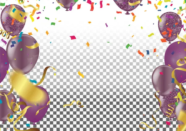 Fond Vacances Lumineux Avec Des Ballons Violets Drapeau Confettis Endroit — Image vectorielle