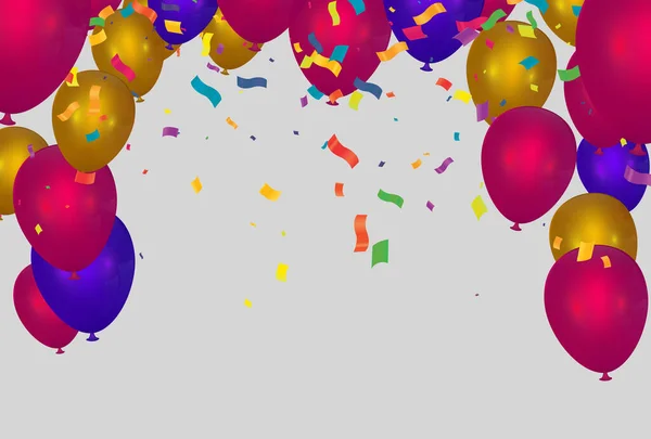 Fond Vacances Lumineux Avec Ballons Rouges Violets Drapeau Confettis Endroit — Image vectorielle