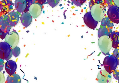 Mor ve yeşil balonları, bayrağı ve konfetisi olan parlak tatil geçmişi. Mesaj için yer. Raster sürümü.