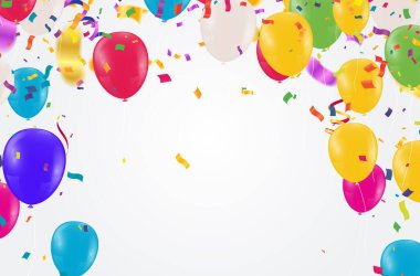 Beyaz arka planda izole edilmiş konfeti ve hava toplarıyla tatil renkli çelenkleri