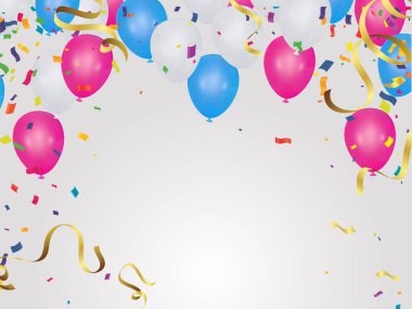 Arka planda mavi pembe beyaz ve balonlarla izole edilmiş renkli uçan balonlar. Vektör Tasarımı