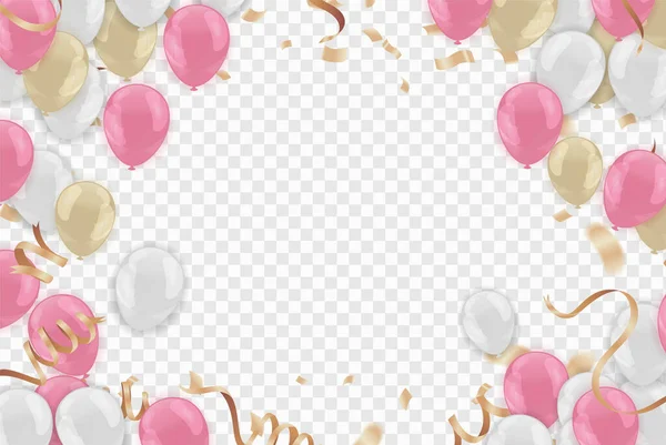 Happy Birthday Balloons White Pink Celebration Background Confetti — Stockvektor