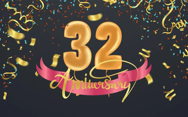 32Th Anniversary Celebration Banner Balloons Festival Confetti Red Abstract Background — Stockvektor