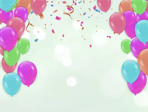 Grattis Födelsedagen Ballonger Olika Färger Fest Bakgrund Med Konfetti — Stock vektor