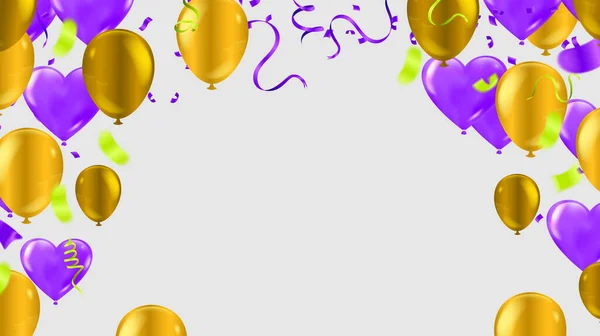 Grattis Födelsedagen Ballonger Lila Och Guld Firande Bakgrund Med Konfetti — Stock vektor