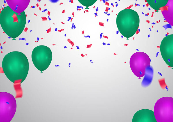 Flying vector festive balloons green and purple shiny with glossy balloons for holiday. celebration background with confetti. 