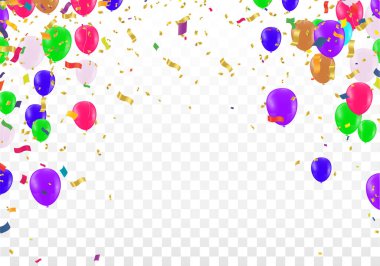Doğum günü daveti yatay selamlama, davetiye kartı veya el ilanı ve balonlar çeşitli renkler konfeti ile kutlanıyor. Vektör
