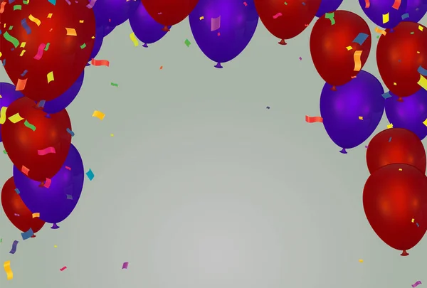 Feliz Cumpleaños Globos Rojo Púrpura Celebración Fondo Con Confeti — Archivo Imágenes Vectoriales
