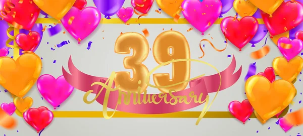 39Th Anniversary Celebration Banner Balloons Festival Confetti Red Abstract Background — Stockvektor