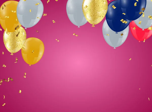 Χρόνια Πολλά Κόμμα Μπαλόνια Και Κορδέλες Ροζ Φόντο Χώρο Για — Διανυσματικό Αρχείο