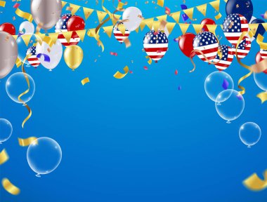 Parti balonları aşağıdan yukarıya doğru akıyor. Arka planda uçan balonlar ve konfetiler