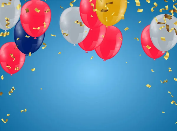 Happy Birthday Party Balonami Wstążkami Niebieskim Tle Miejscem Tekst — Wektor stockowy