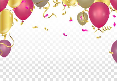 Parti balonları aşağıdan yukarıya doğru akıyor. Arka planda uçan balonlar ve konfetiler