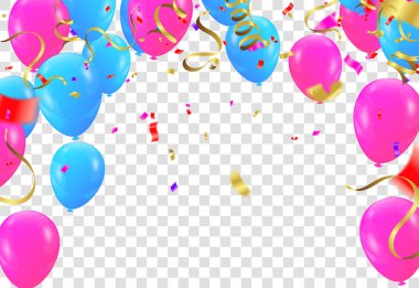 Parti balonları aşağıdan yukarıya doğru akıyor. Arka planda uçan balonlar ve konfetiler