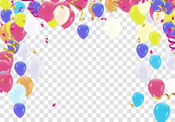 パーティー風船が下から上まで流れています 休日の気球と背景に飛んでコンフェッティ — ストックベクタ