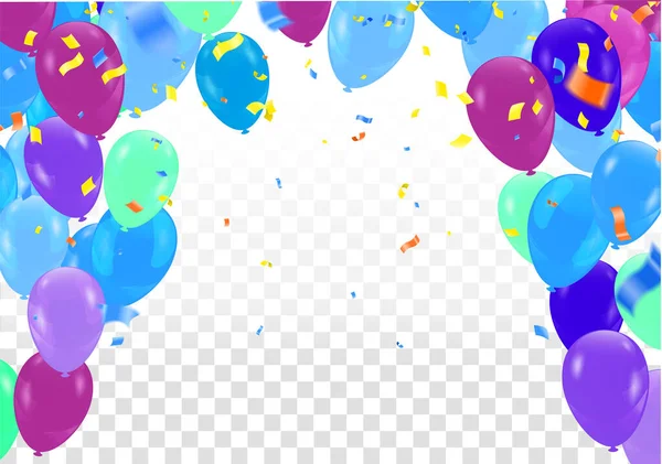 Illustration Vectorielle Fond Fête Coloré Avec Confettis Rubans Bouclés Ballons — Image vectorielle