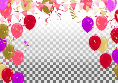 Konfeti, Kıvırcık Kurdeleler ve Renkli Balonlar ile Renkli Parti Geçmişinin Vektör İllüstrasyonu. partiler veya kutlamalar için