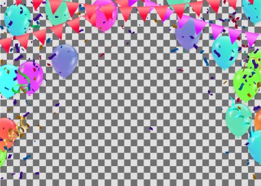 Konfeti, Kıvırcık Kurdeleler ve Renkli Balonlar ile Renkli Parti Geçmişinin Vektör İllüstrasyonu. partiler veya kutlamalar için