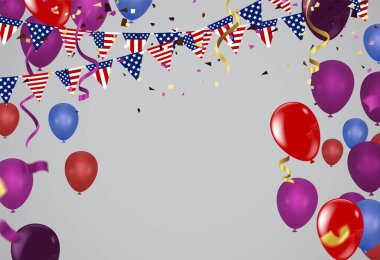 Konfeti, Kıvırcık Kurdeleler ve Renkli Balonlar ile Renkli Parti Geçmişinin Vektör İllüstrasyonu. partiler veya kutlamalar için