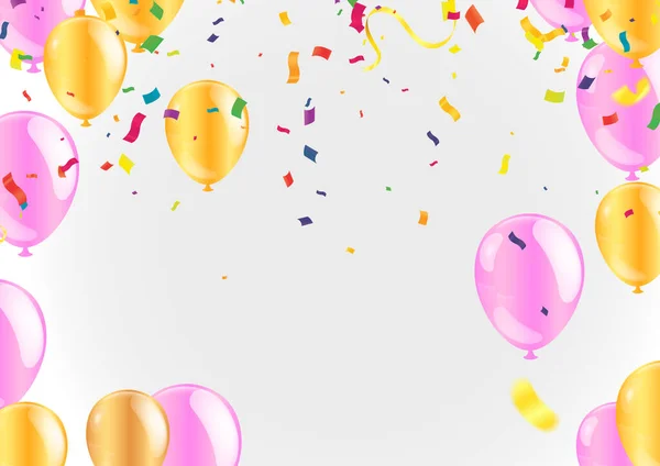 Balloons Gold Sparkles Glitter Confetti Background Festive Realistic Style Celebrate — Vetor de Stock