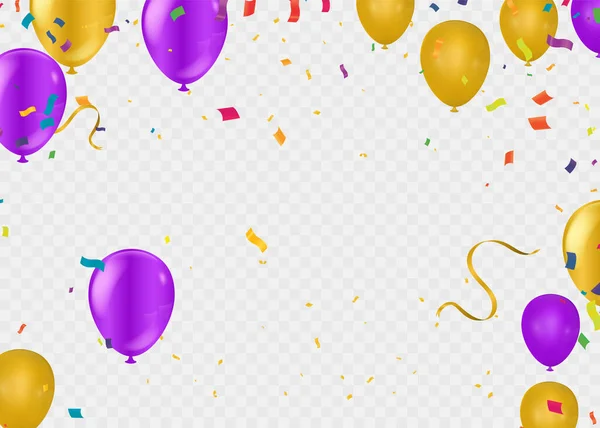 Balloons Gold Sparkles Glitter Confetti Background Festive Realistic Style Celebrate — Vetor de Stock