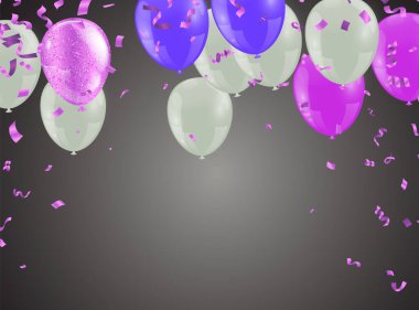 Arka planda parti balonları ve uçan parti kartı şablonu olan çok gerçekçi bir kutlama kartı şablonu. satış ve promosyon, parti tasarım unsuru.