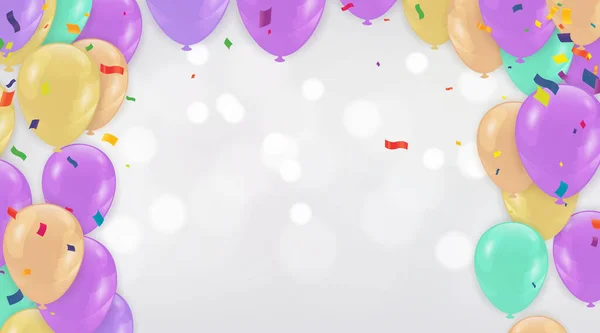 背景に飛んでパーティー風船と美しい現実的なお祝いベクトルグリーティングカードテンプレート 販売促進パーティーデザイン要素 — ストックベクタ