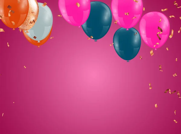 Happy Party Birthday Background Realistic Balloons Frame Confetti Vector Illustration — Vector de stock