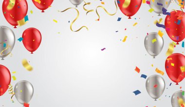 Kırmızı ve beyaz balonlar konfeti taşıyıcı illüstrasyon konsepti tatili tasarımı Mutlu sevgililer günü, arka plan kutlamaları 