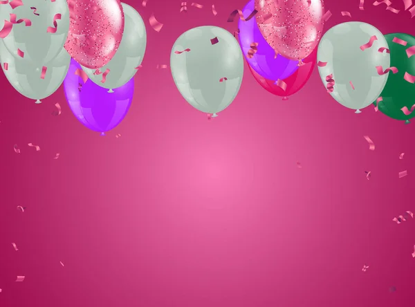 Happy Party Birthday Background Realistic Balloons Frame Confetti Vector Illustration —  Vetores de Stock