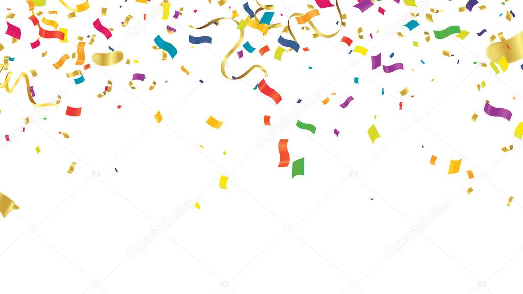 Many Falling Colorful Tiny Confetti And Ribbon Isolated On Background. Vector. Multi colored