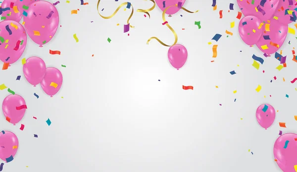 Fijne Feestdag Spandoek Roze Ballonnen Confetti Vector Illustratie Voor Valentijnsdag — Stockvector