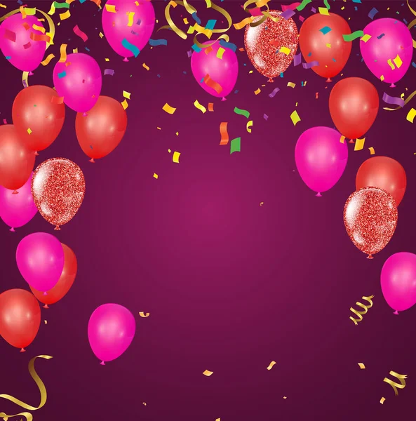 Happy Holiday Banner Red Pink Balloons Confetti Vector Illustration Valentine — Stock Vector