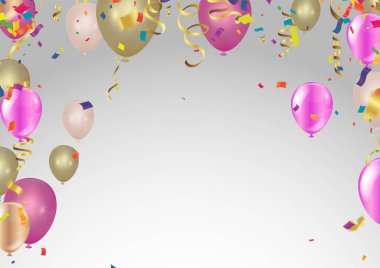 Mutlu bayramlar. Sevgililer Günü için altın rengi, pembe balonlar ve konfeti taşıyıcı illüstrasyonu.