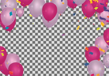 Mutlu bayramlar. Sevgililer Günü için pembe balonlar ve konfeti taşıyıcı illüstrasyonu.