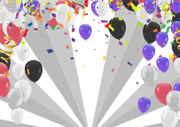 Happy Birthday Card Template with Balloons purple black and red , Ribbon Vector Illustration